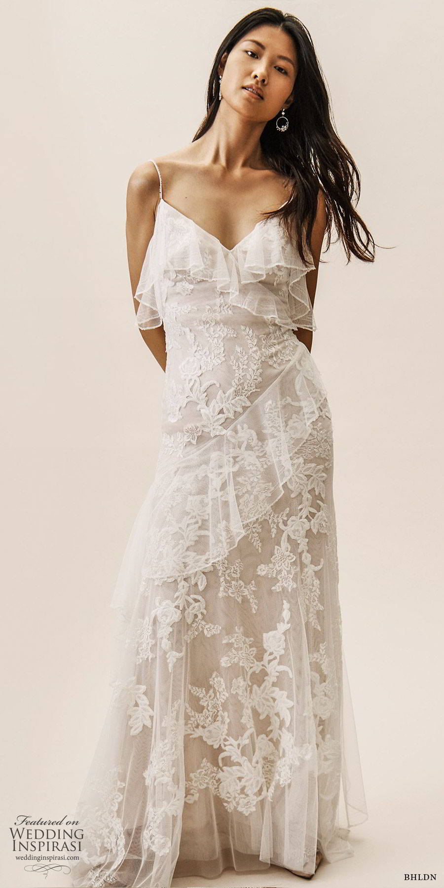 bhldn spring 2019 bridal sleeveless thin straps v neckline sheath lace wedding dress ruffle skirt low back chapel train romantic (11) mv