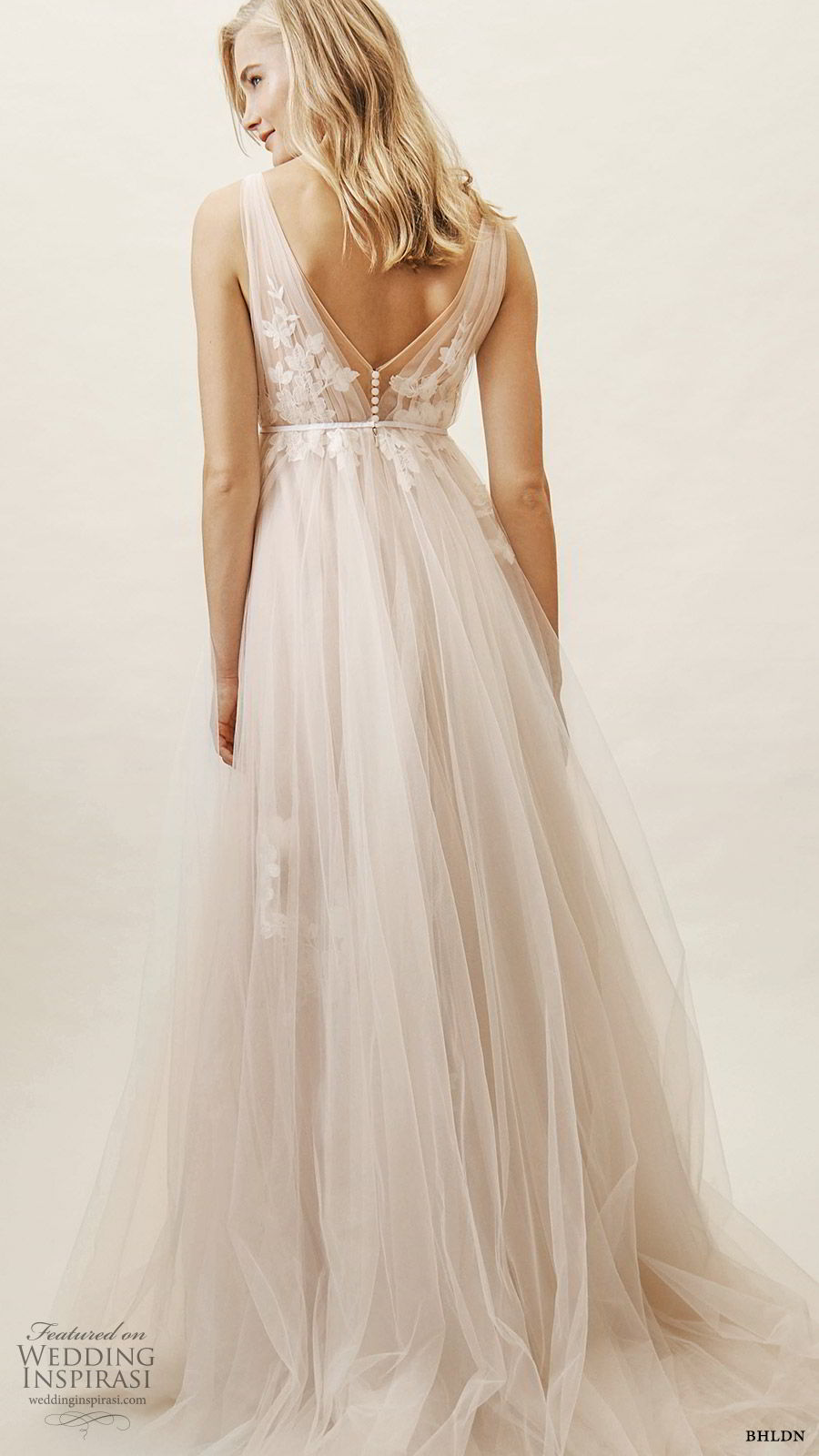 bhldn spring 2019 bridal sleeveless v neckline ruched bodice a line ball gown lace embellished wedding dress blush color (13) bv