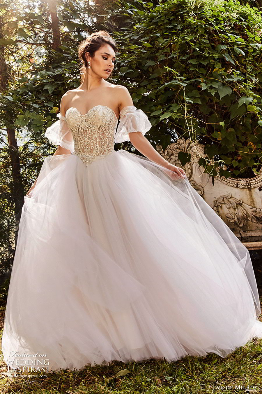 eve of milady fall 2018 bridal detached puff sleeves strapless sweetheart embellished bodice ball gown wedding dress romantic princess blush color (4) mv