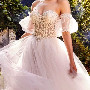 eve of milady fall 2018 bridal detached puff sleeves strapless sweetheart embellished bodice ball gown wedding dress romantic princess blush color (4) zv