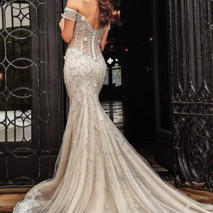 eve of milady fall 2018 bridal off shoulder sweetheart neckline fully embellished fit flare trumpet mermaid wedding dress cathedral train sheer back elegant glam (7) mv