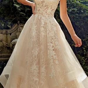 eve of milady fall 2018 bridal sleeveless illusion straps sweetheart neckline fully embellish a line ball gown wedding dress (10) champange color chapel train romantic princess mv