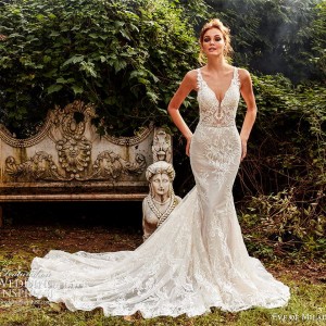 eve of milady fall 2018 bridal sleeveless plunging v neckline fully embellished sheath trumpet mermaid lace wedding dress chapel train elegant romantic (8) mv
