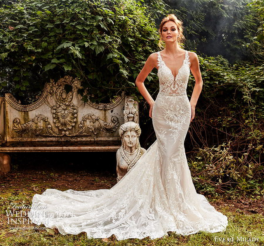 eve of milady fall 2018 bridal sleeveless plunging v neckline fully embellished sheath trumpet mermaid lace wedding dress chapel train elegant romantic (8) mv