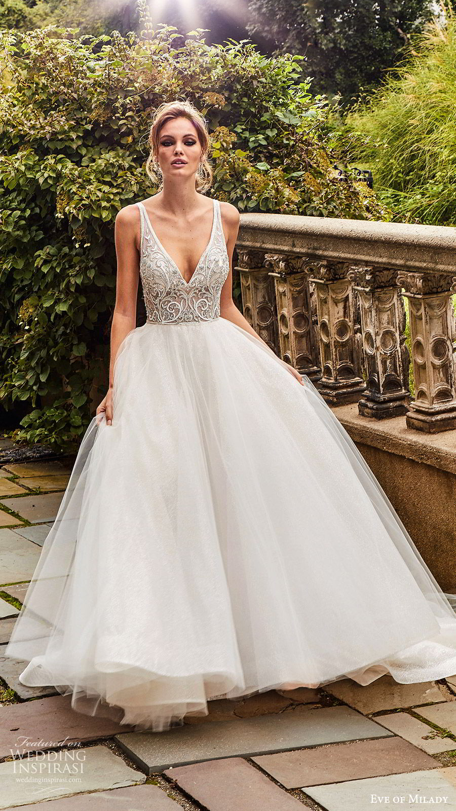 eve of milady fall 2018 bridal sleeveless thick straps deep v neck embellished bodice ball gown wedding dress chapel train romantic princess (2) mv