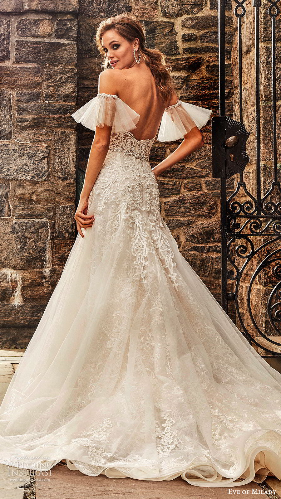 eve of milady fall 2018 bridal strapless sweetheart detached sleeves heavily embellished fit flare modified a line lace wedding dress (11) modern elegant low back chapel train bv