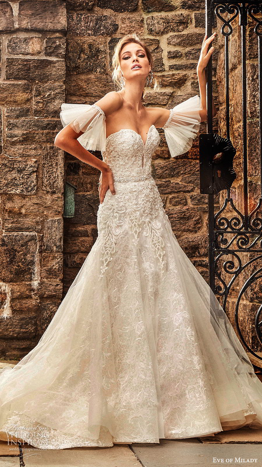 eve of milady fall 2018 bridal strapless sweetheart detached sleeves heavily embellished fit flare modified a line lace wedding dress (11) modern elegant low back chapel train mv