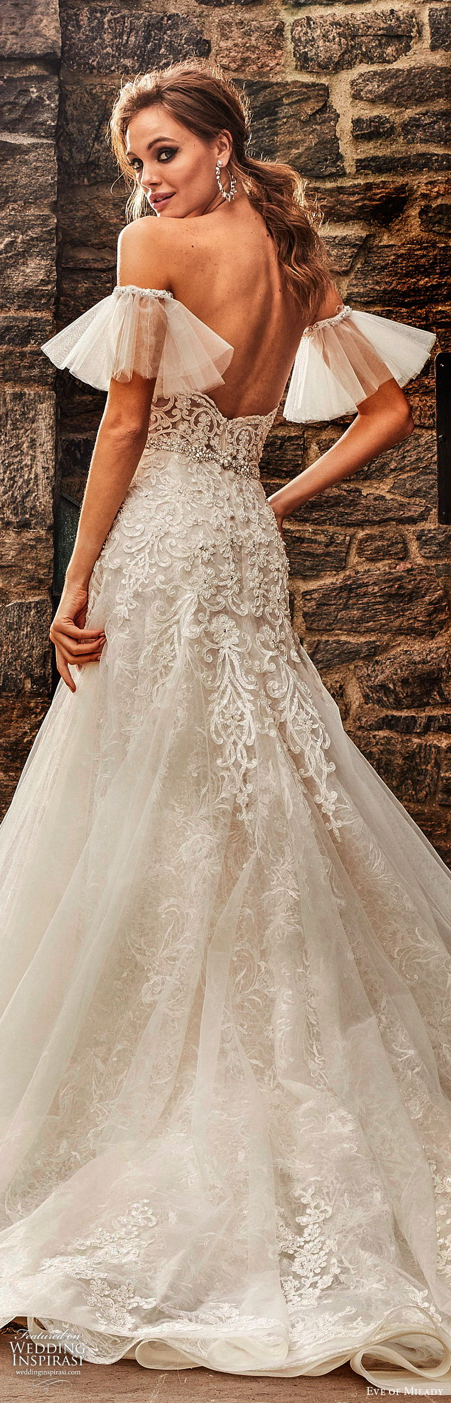 eve of milady fall 2018 bridal strapless sweetheart detached sleeves heavily embellished fit flare modified a line lace wedding dress (11) modern elegant low back chapel train zbv