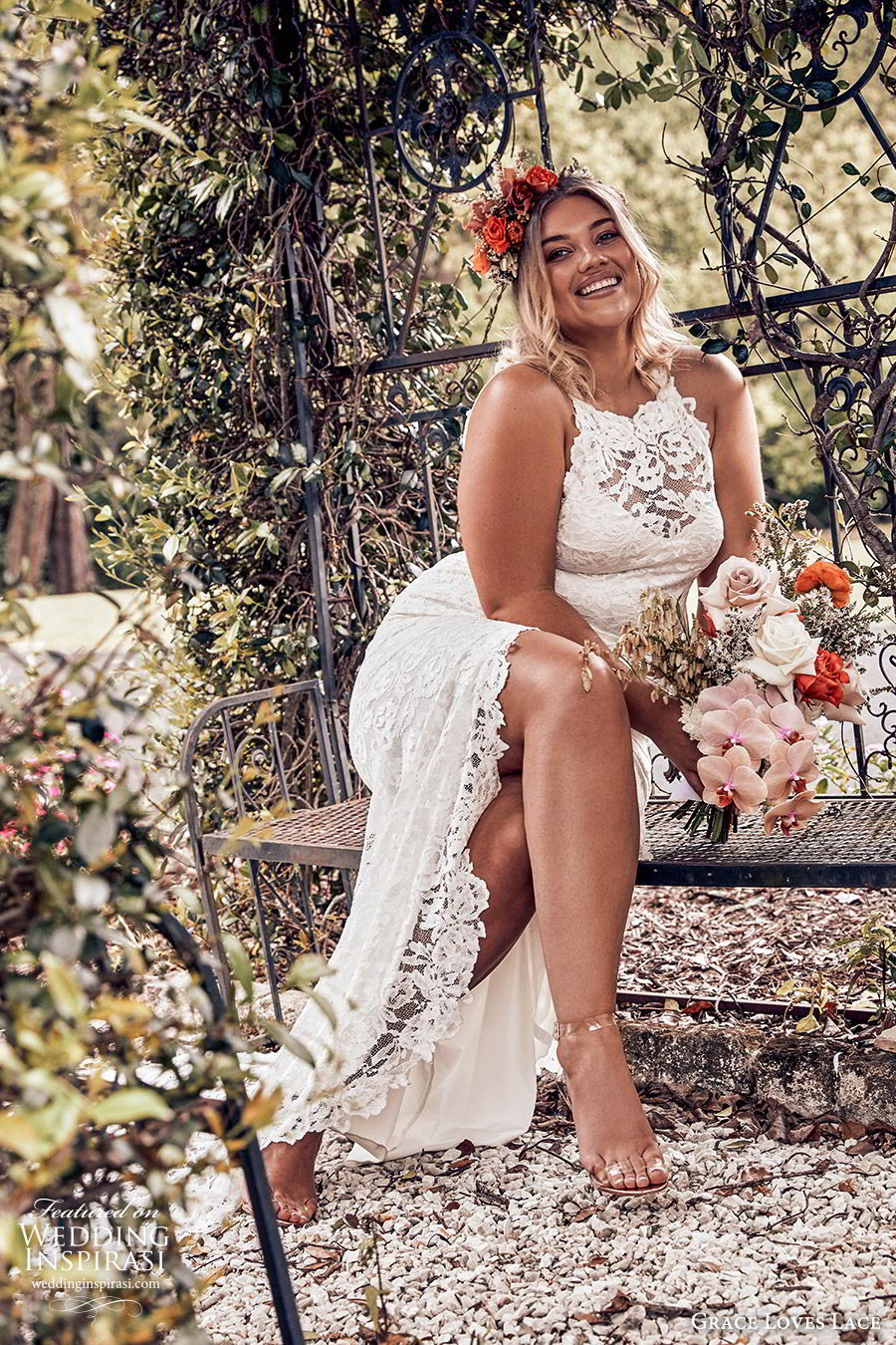 grace loves lace 2019 bridal sleeveless illusion halter neck sweetheart fully embellished lace sheath wedding dress slit skirt romantic boho chic plus size (3) mv 