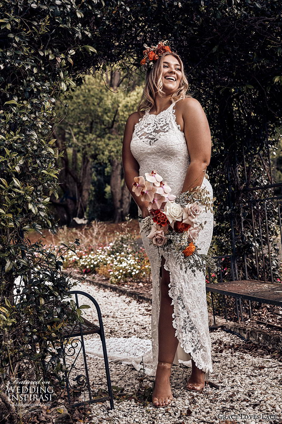 grace loves lace 2019 bridal sleeveless illusion halter neck sweetheart fully embellished lace sheath wedding dress slit skirt romantic boho chic plus size (3) mv