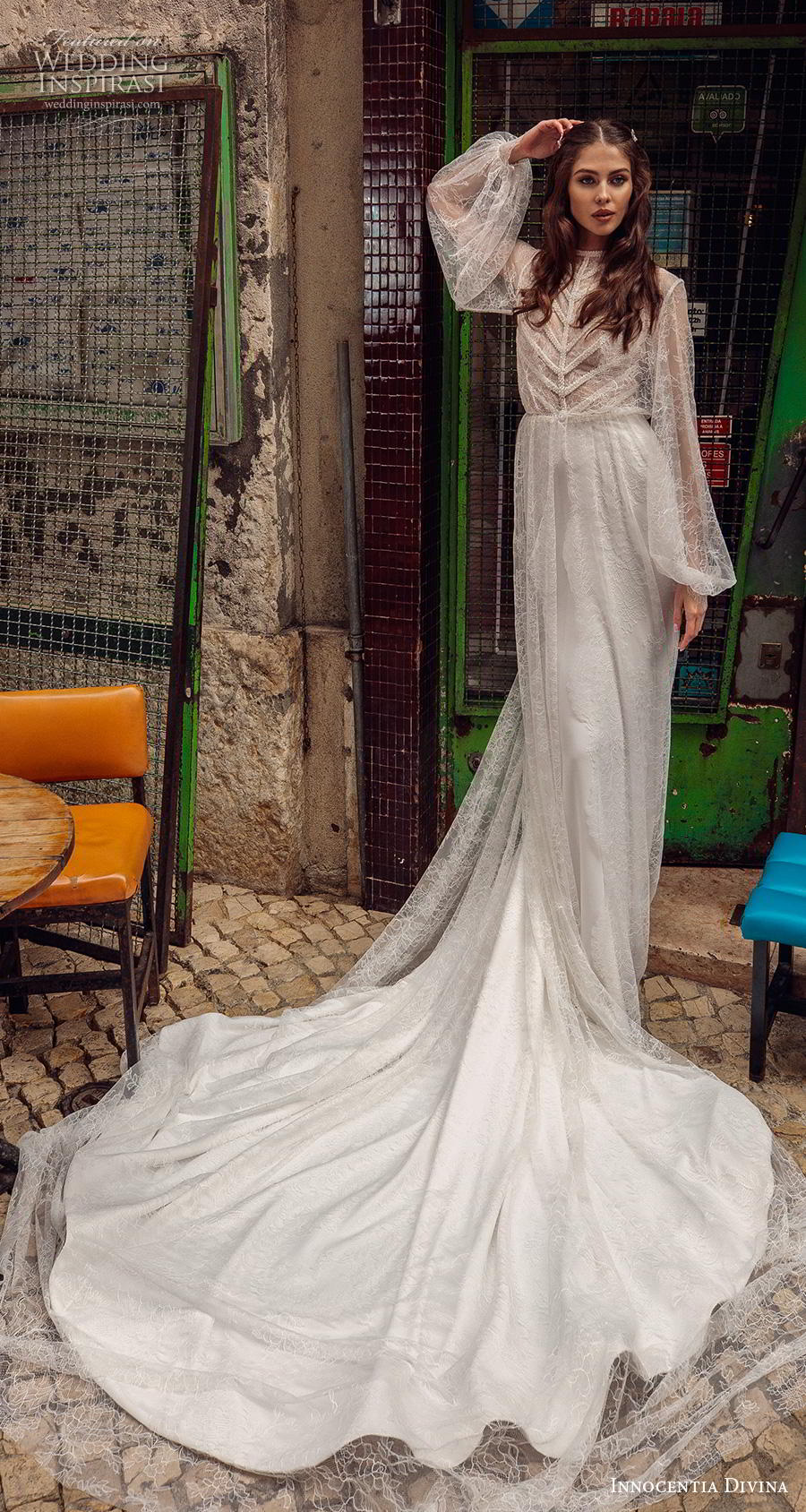 innocentia 2019 Divina bridal long bishop sleeves high neck heavily embellished bodice clean skirt elegant modern sheath wedding dress v back chapel train (16) lv