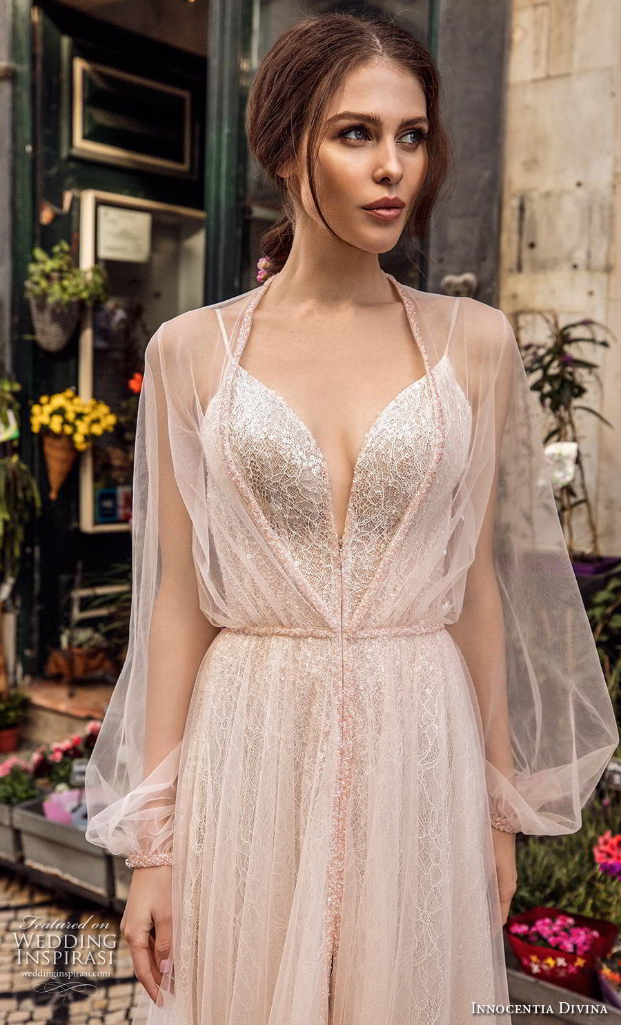 innocentia 2019 Divina bridal long bishop sleeves thin strap deep plunging sweetheart neckline full embellishment slit skirt romantic ivory a  line wedding dress sheer back chapel train (9) zv