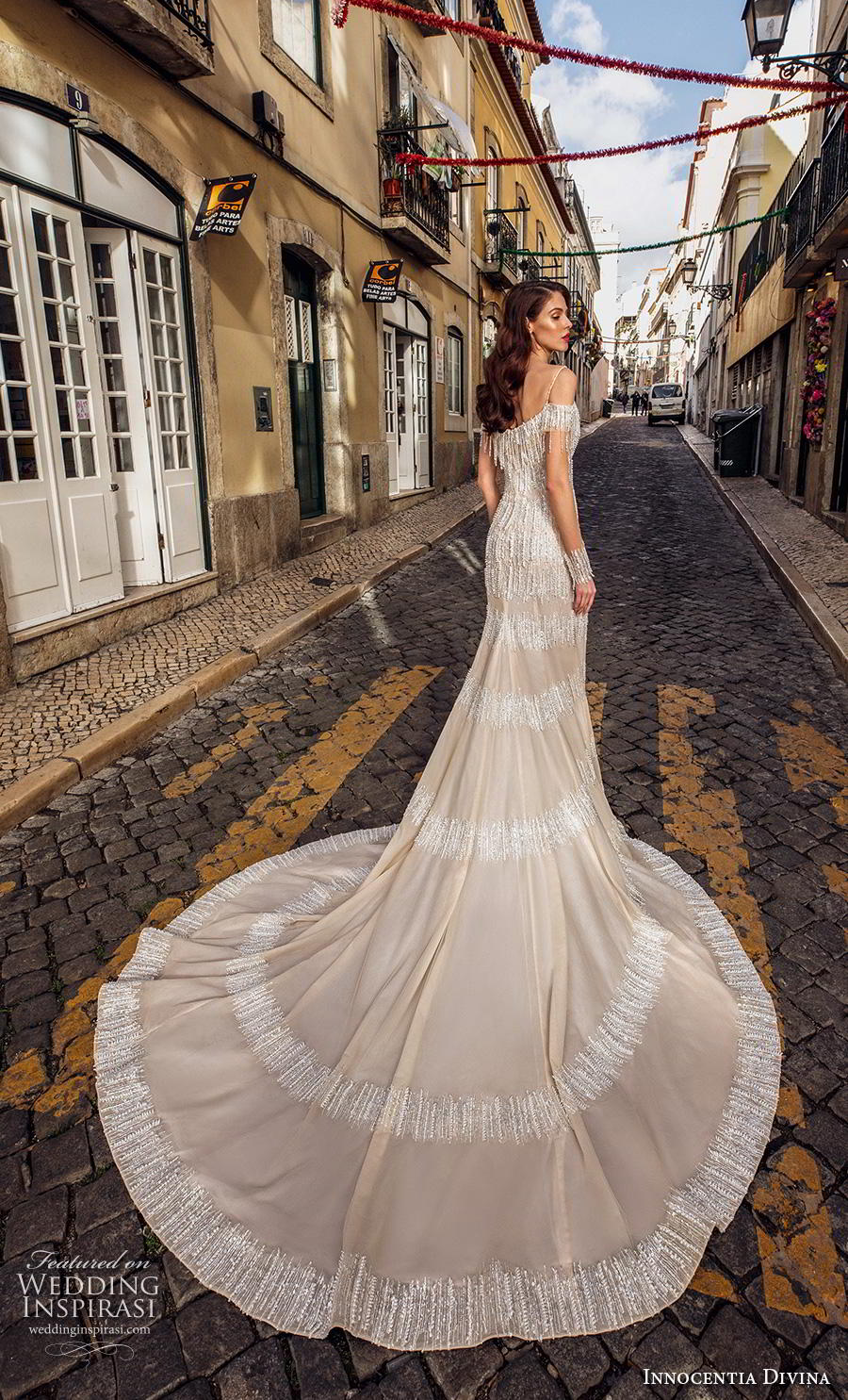 innocentia 2019 Divina bridal long sleeves cold shoulder spaghetti strap straight across neckline full embellishment trumpet wedding dress chapel train (4) bv