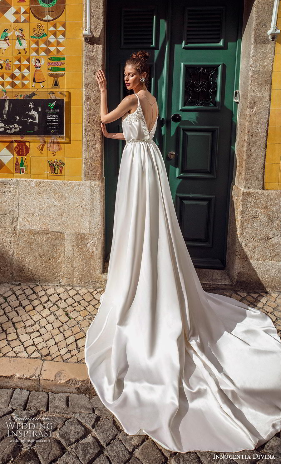 innocentia 2019 Divina bridal sleeveless spaghetti strap scoop neckline simple elegant satin a  line wedding dress v back chapel train (11) bv