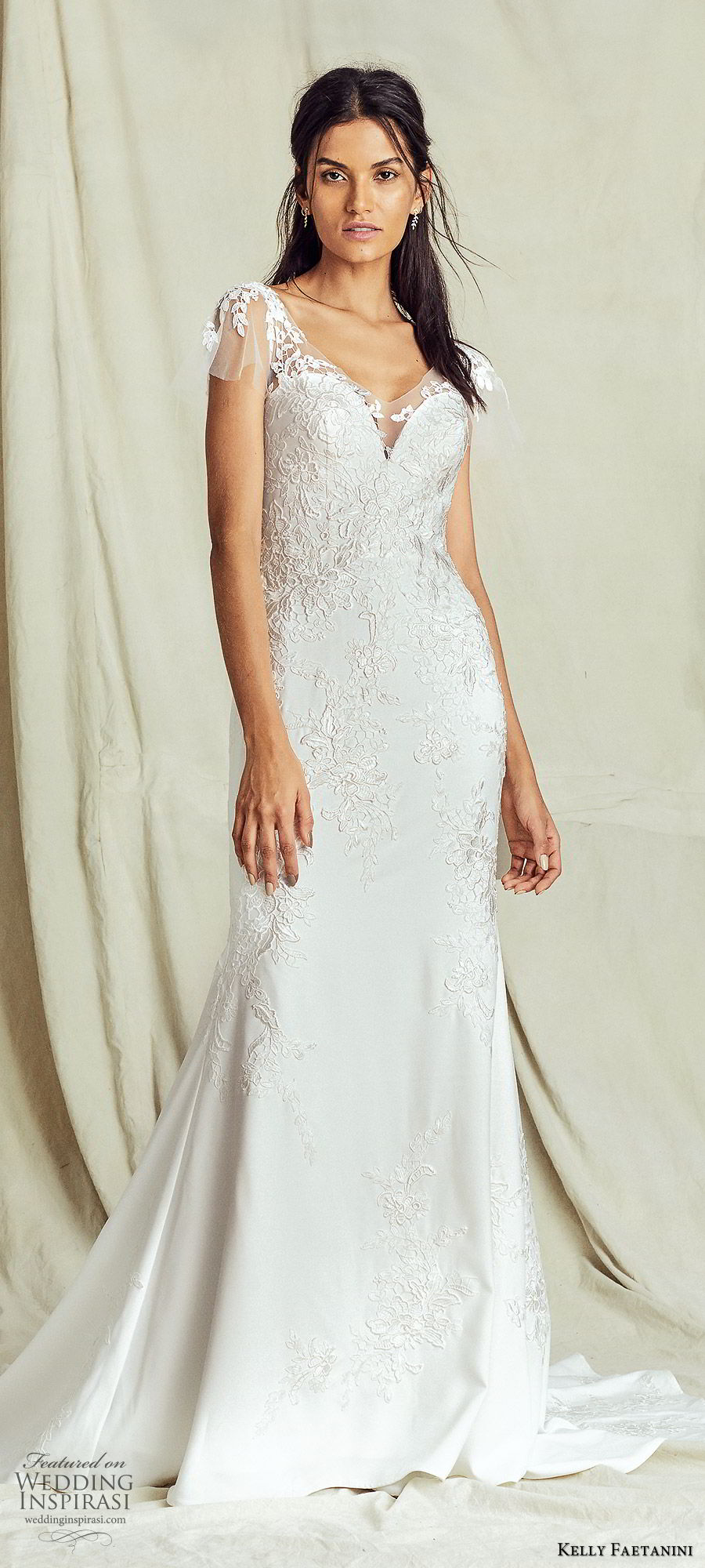 kelly faetanini fall 2019 bridal flutter sleeves sweetheart neckline fit flare trumpet mermaid lace wedding dress chapel train romantic elegant (3) mv