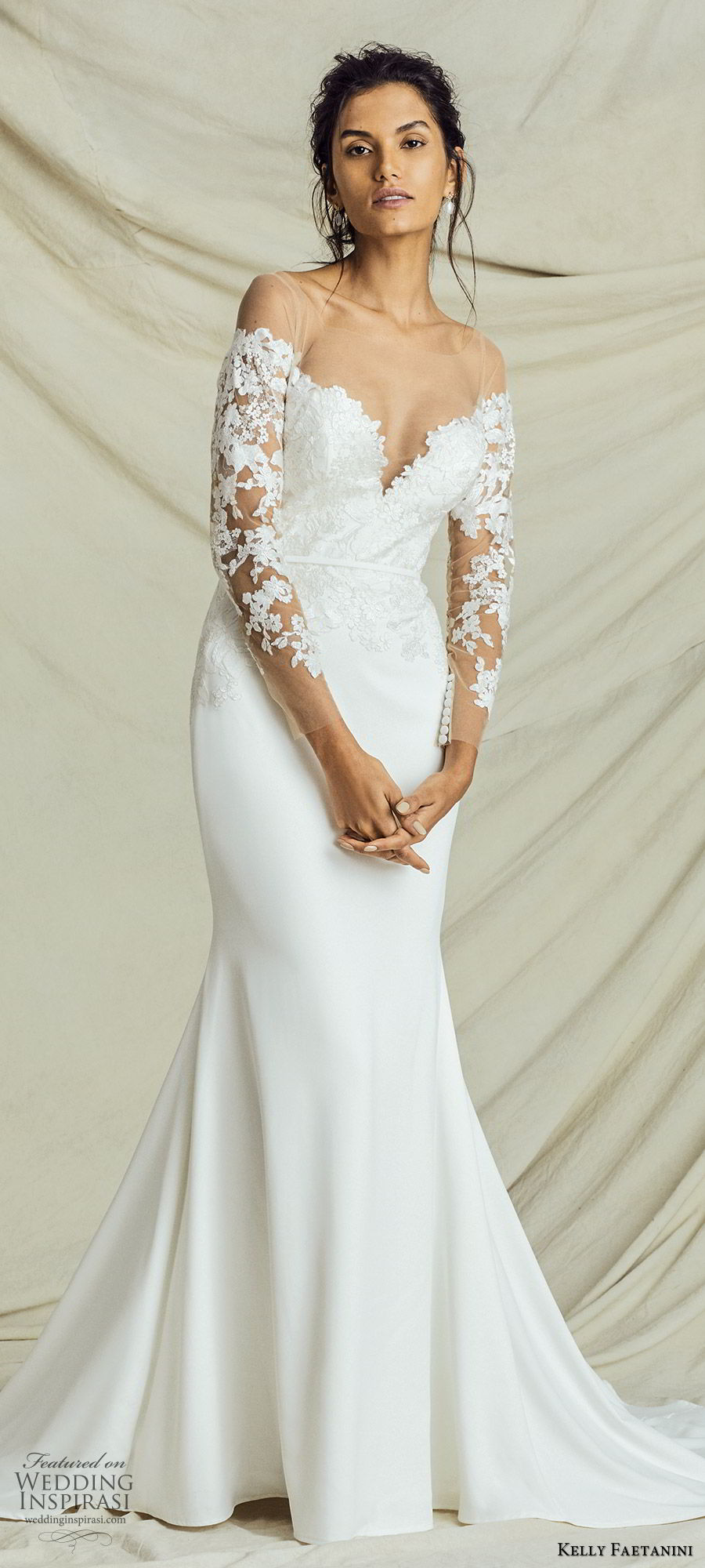 kelly faetanini fall 2019 bridal illusion long sleeves sweetheart neckline lace bodice sheath trumpet mermaid wedding dress chapel train elegant (4) mv