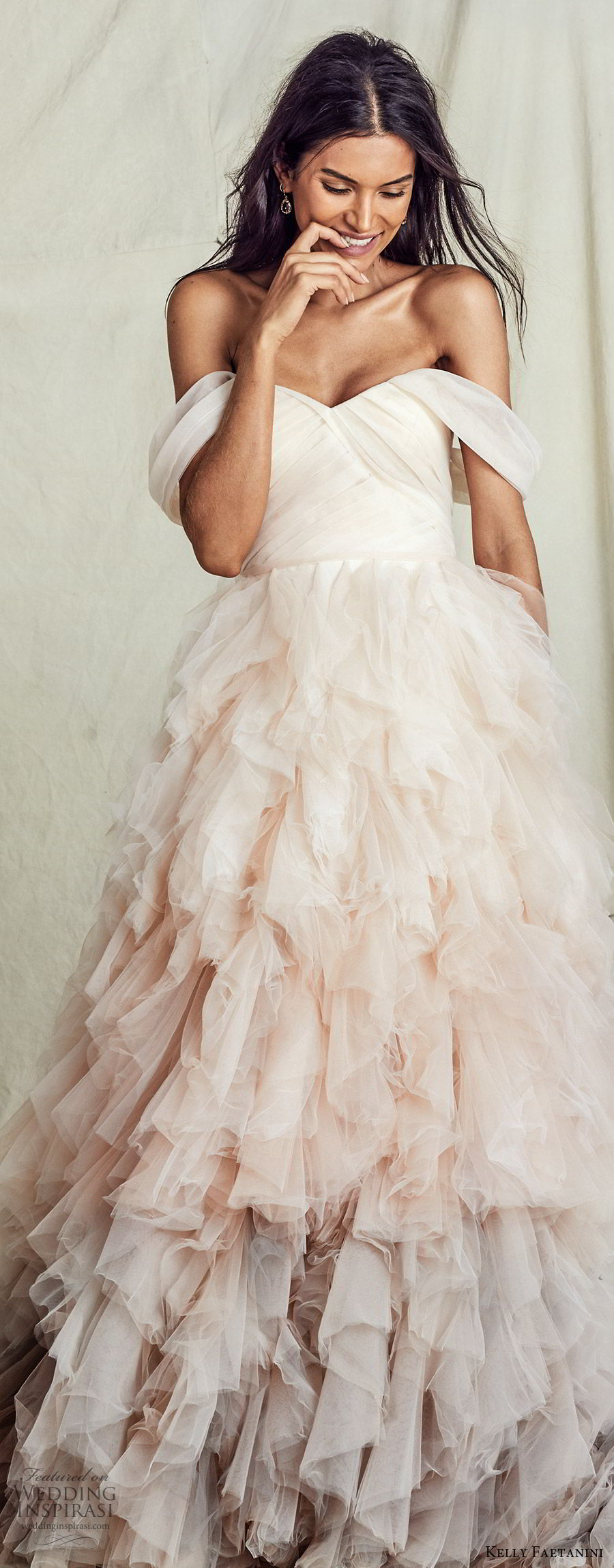 kelly faetanini fall 2019 bridal off shoulder semi sweetheart ruched bodice ball gown a line wedding dress ruffle skirt ombre blush chapel train romantic  (5) lv