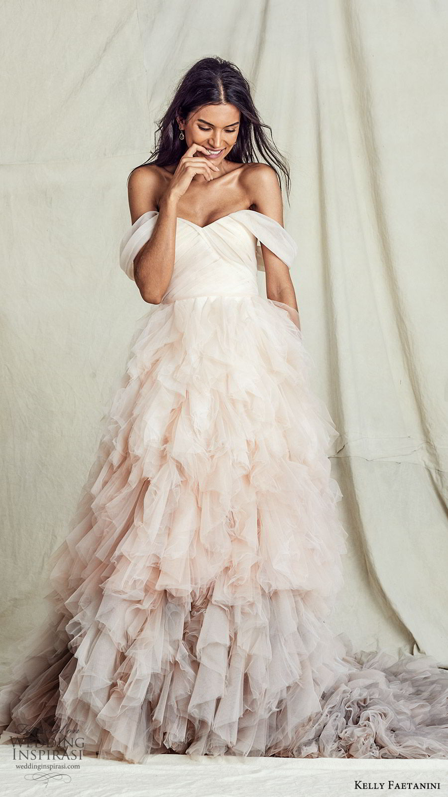 kelly faetanini fall 2019 bridal off shoulder semi sweetheart ruched bodice ball gown a line wedding dress ruffle skirt ombre blush chapel train romantic  (5) mv