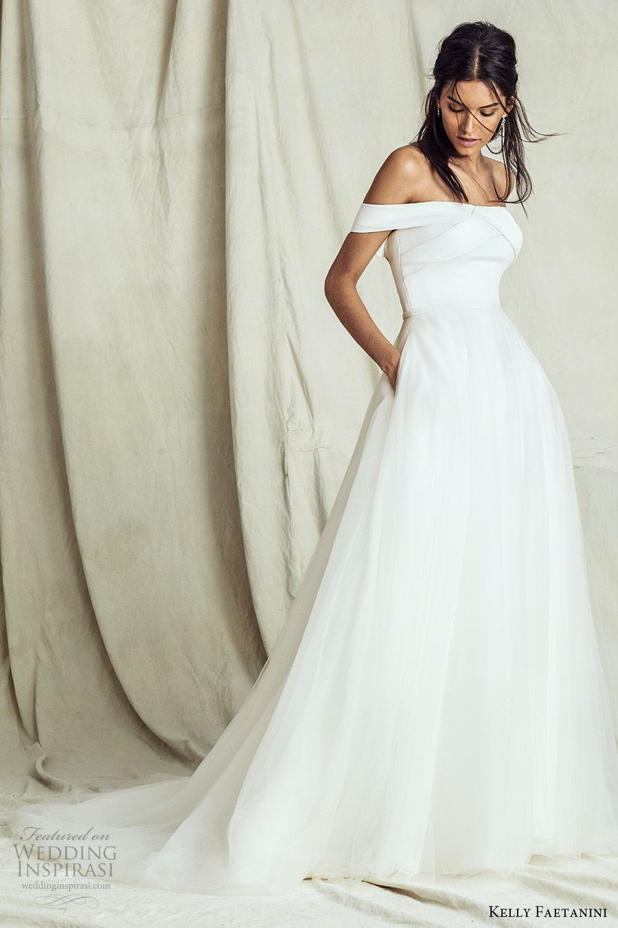 kelly faetanini fall 2019 bridal off shoulder straight across a line ball gown wedding dress pocket chapel train romantic elegant (14) mv