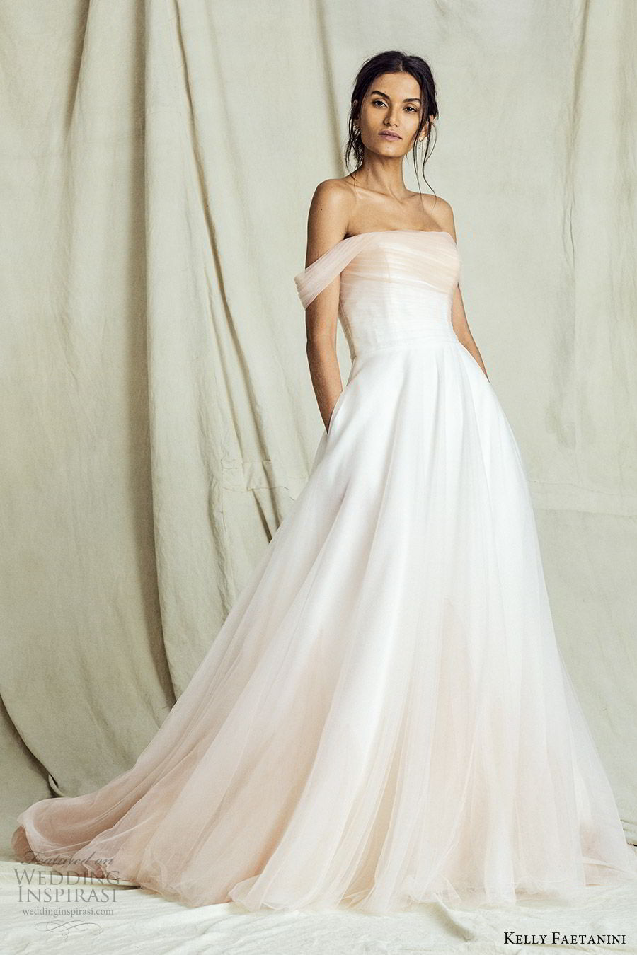 kelly faetanini fall 2019 bridal off shoulder straight across neckline ruched bodice a line ball gown wedding dress elegant romantic ombre blush chapel train (11) mv