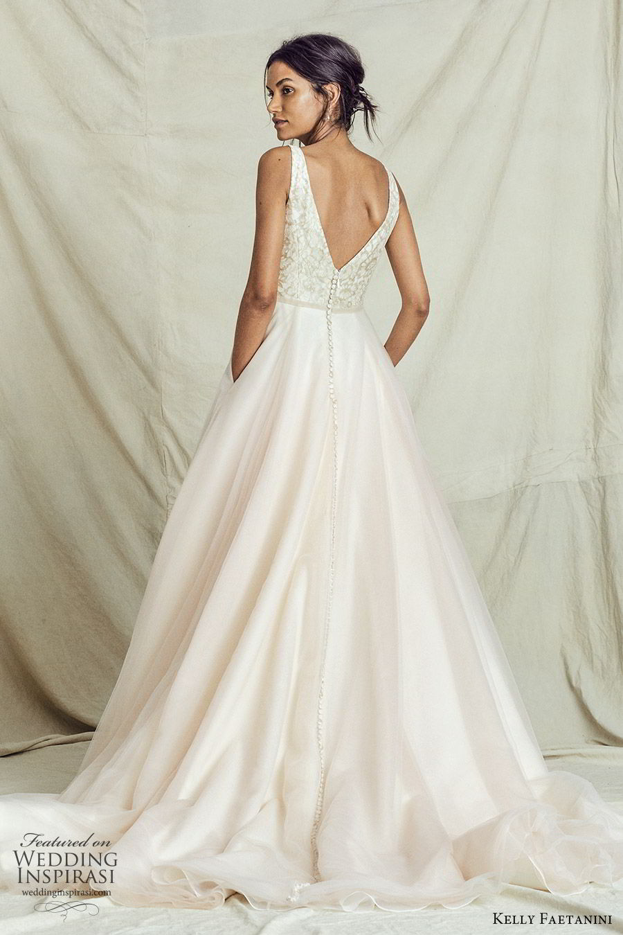 kelly faetanini fall 2019 bridal sleeveless thick straps plunging neckline lace bodice a line ball gown wedding dress vback chapel train romantic blush (9) bv