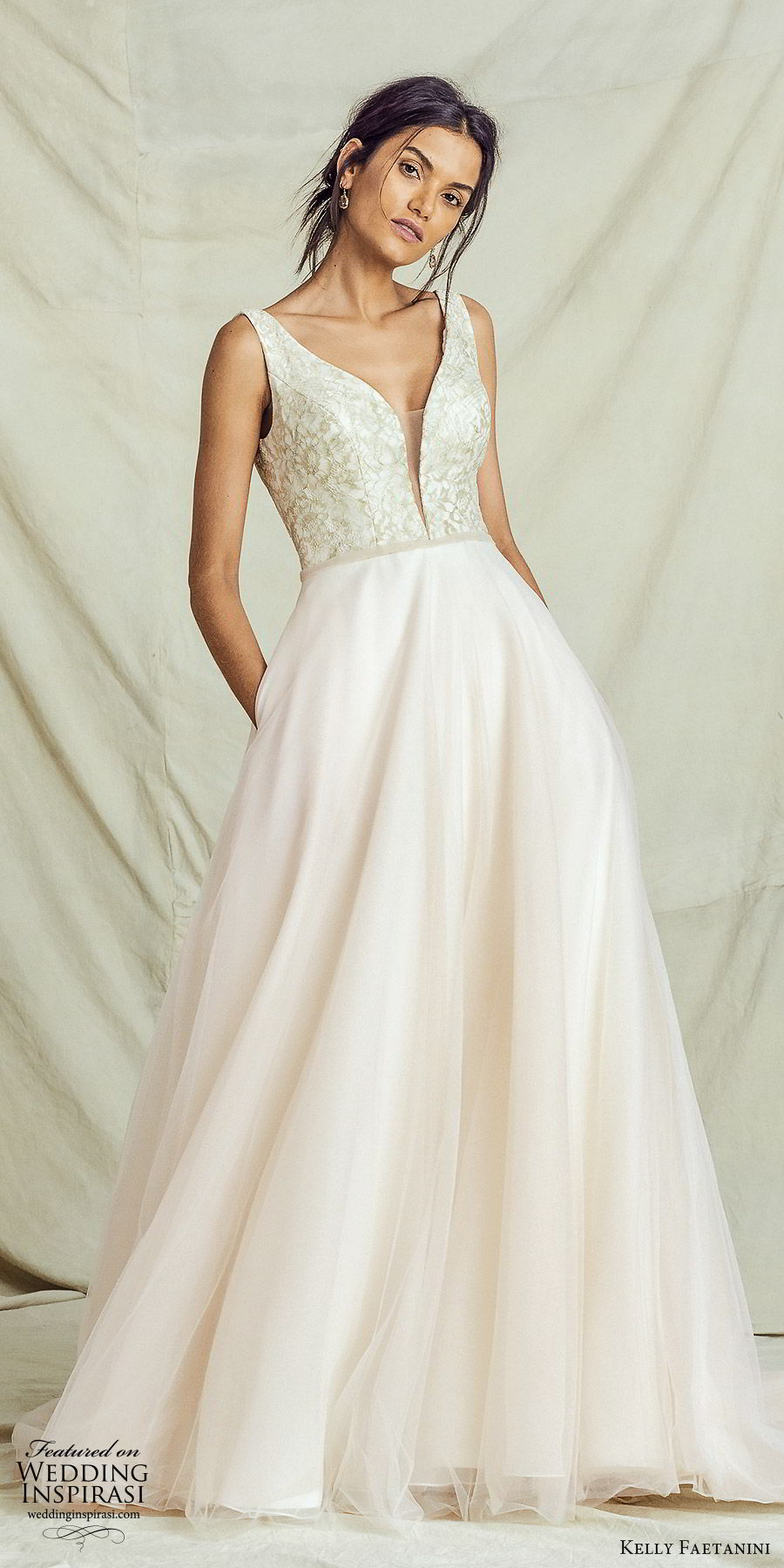 kelly faetanini fall 2019 bridal sleeveless thick straps plunging neckline lace bodice a line ball gown wedding dress vback chapel train romantic blush (9) mv