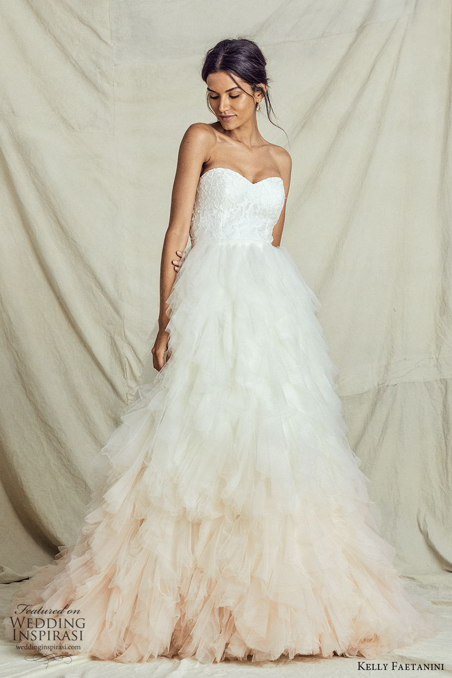 kelly faetanini fall 2019 bridal strapless sweetheart lace bodice a line ball gown wedding dress ruffle skirt ombre blush romantic elegant (7) mv