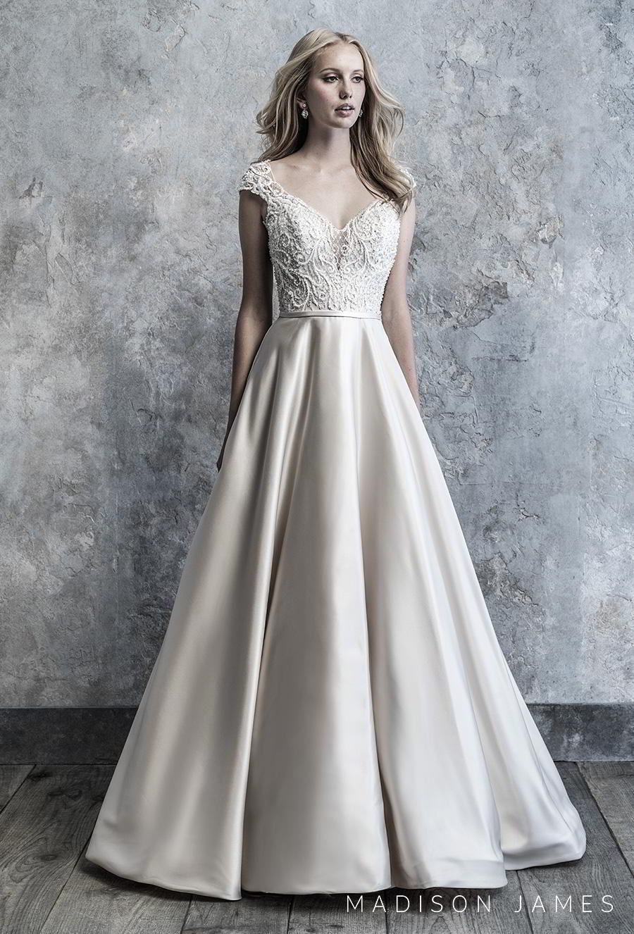 madison james 2019 bridal cap sleeves v neck heavily embellished bodice satin skirt romantic a  line wedding dress v back chapel train (506) mv