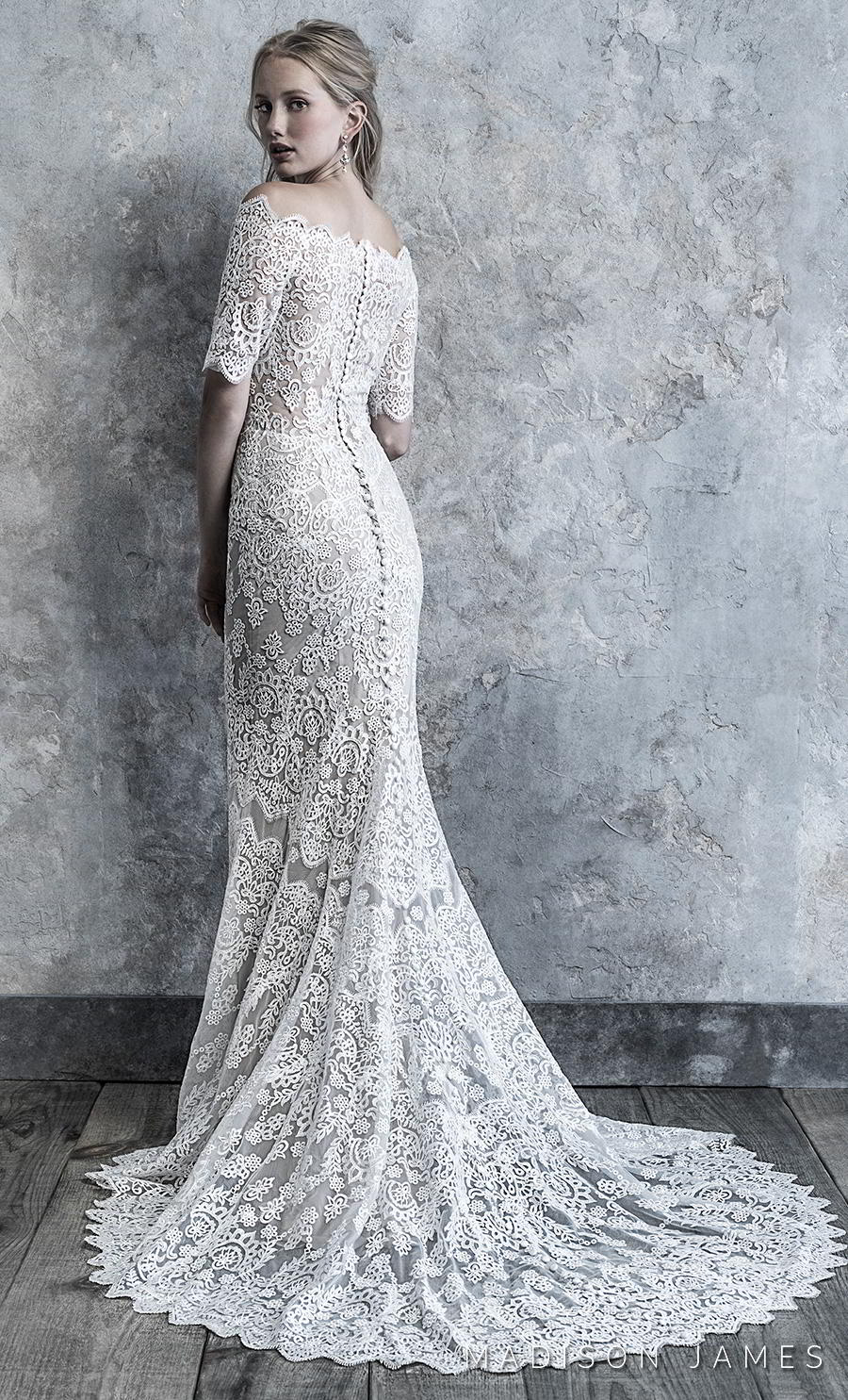 madison james 2019 bridal half sleeves off the shoulder straight across neckline full embellishment elegant fit and flare sheath wedding dress covered back chapel train (515) bv