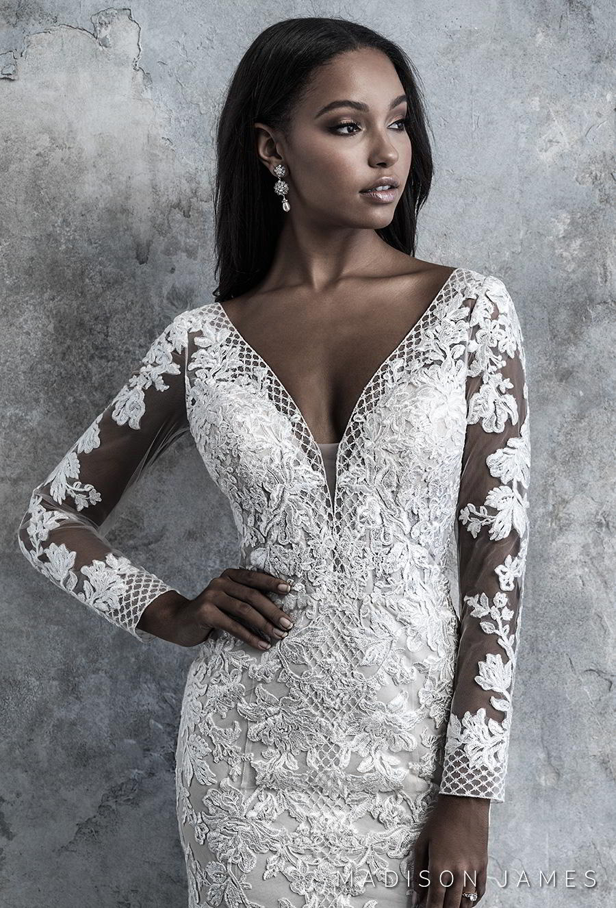 madison james 2019 bridal long sleeves v neck full embellishment elegant drop waist a  line wedding dress backless low v back chapel train (511) zv