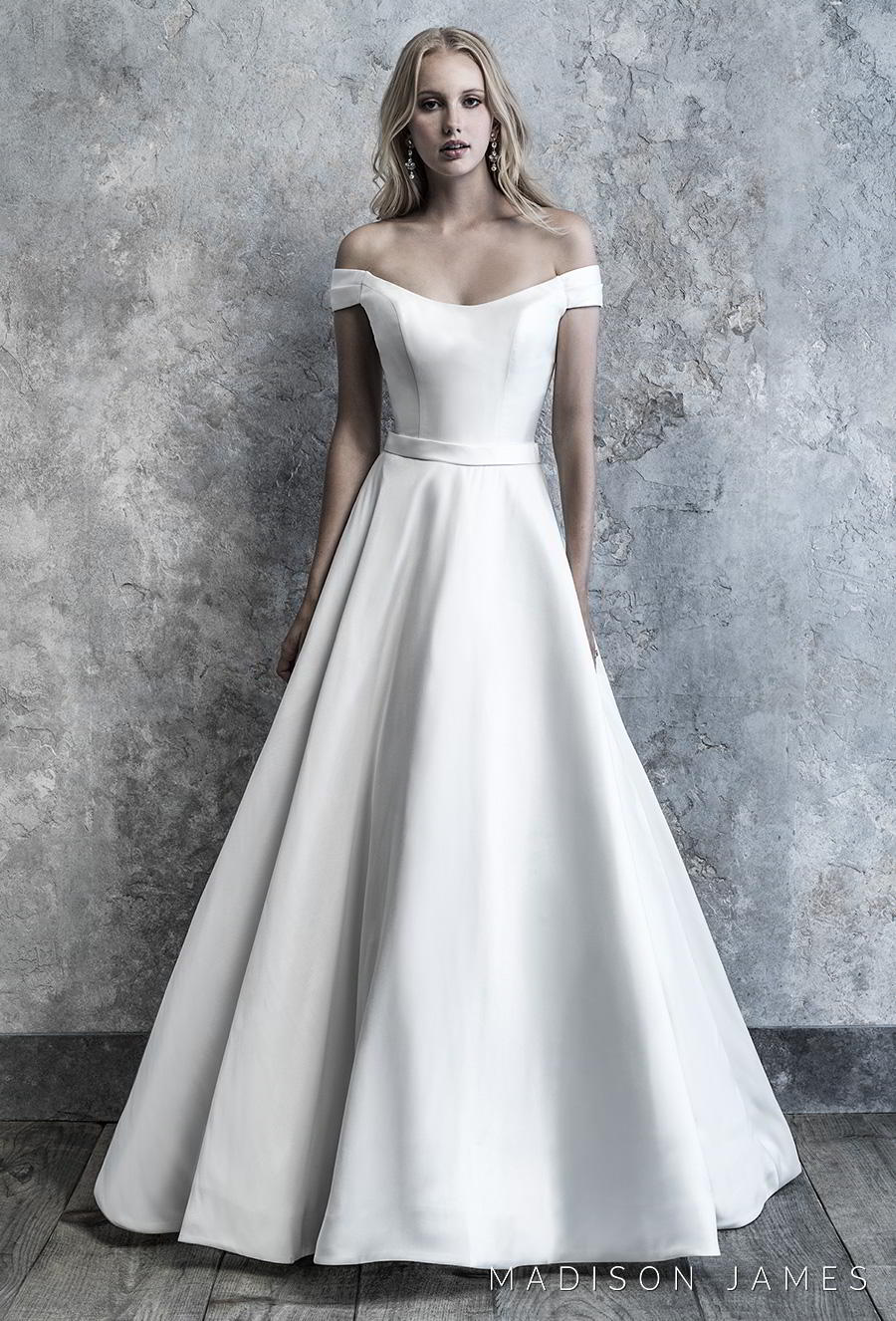 madison james 2019 bridal off the shoulder semi scoop neckline simple minimalist elegant princess a  line wedding dress mid back chapel train (513) mv