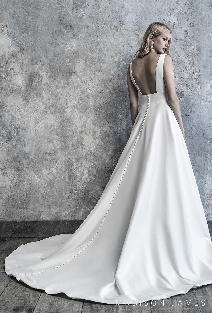 madison james 2019 bridal sleeveless deep v neck simple minimalist elegant a  line wedding dress backless square back chapel train (501) bv