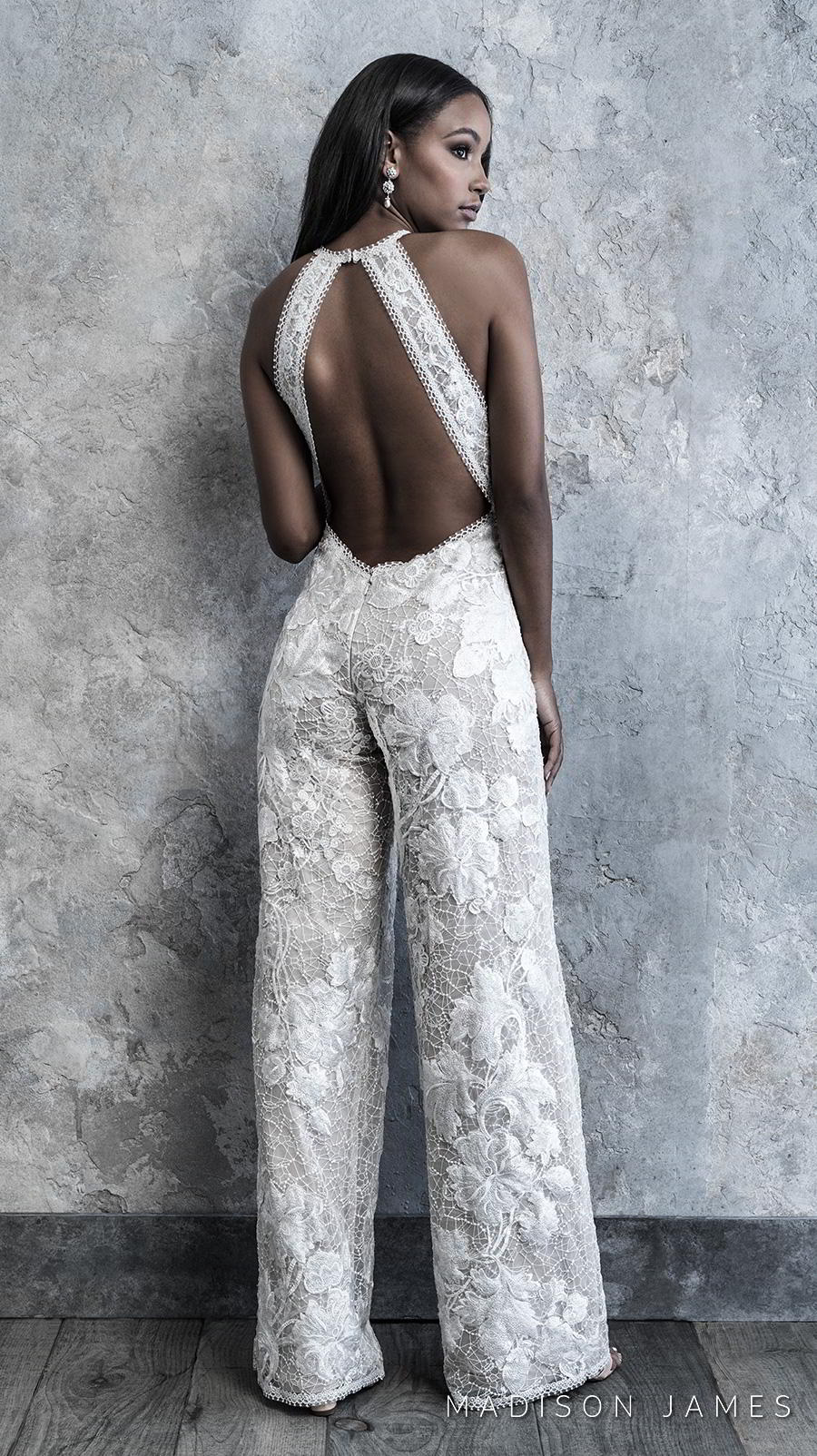 madison james 2019 bridal sleeveless halter neck full embellishment modern sophiscated jumpsuit wedding dress low keyhole back (500) bv