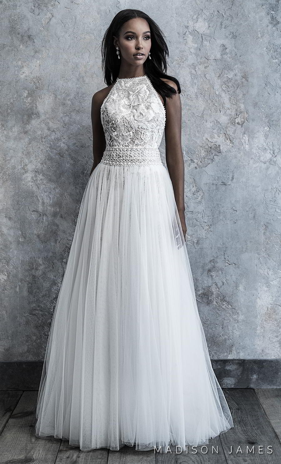 madison james 2019 bridal sleeveless halter neck heavily embellished bodice pleated skirt romantic soft a  line wedding dress keyhole back chapel train (500) mv