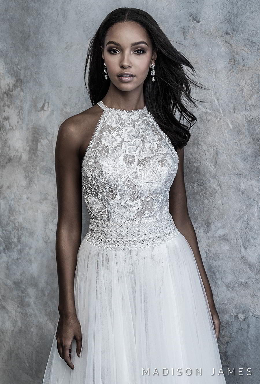 madison james 2019 bridal sleeveless halter neck heavily embellished bodice pleated skirt romantic soft a line wedding dress keyhole back chapel train 500 zv Wedding Inspirasi