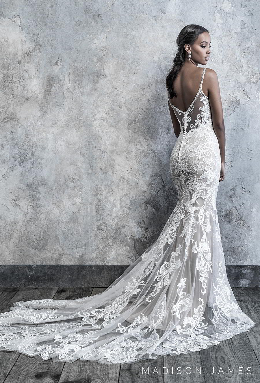 madison james 2019 bridal sleeveless thin strap diamond neck full embellishment elegant drop waist a  line wedding dress v back chapel train (520) bv