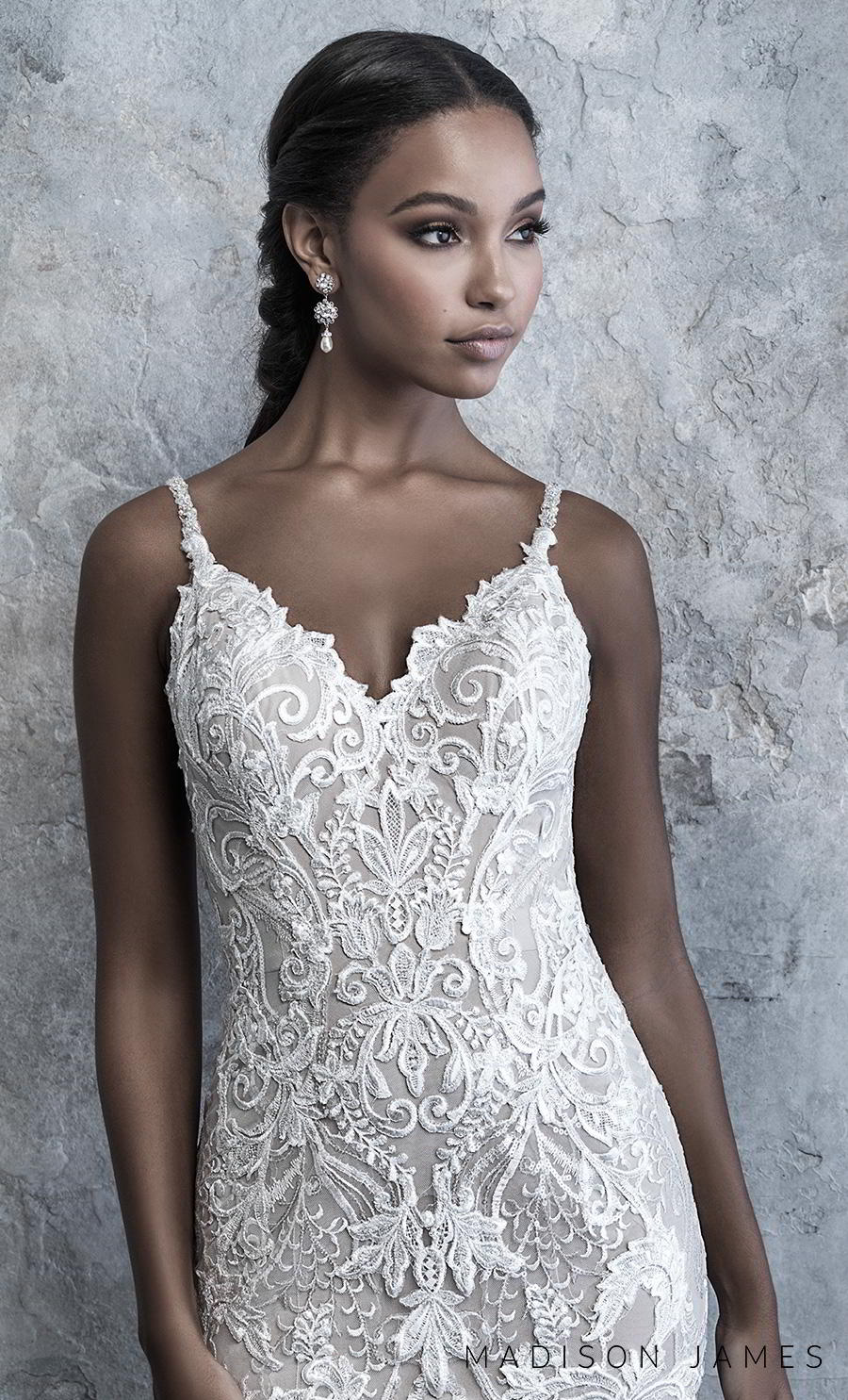 madison james 2019 bridal sleeveless thin strap diamond neck full embellishment elegant drop waist a  line wedding dress v back chapel train (520) zv