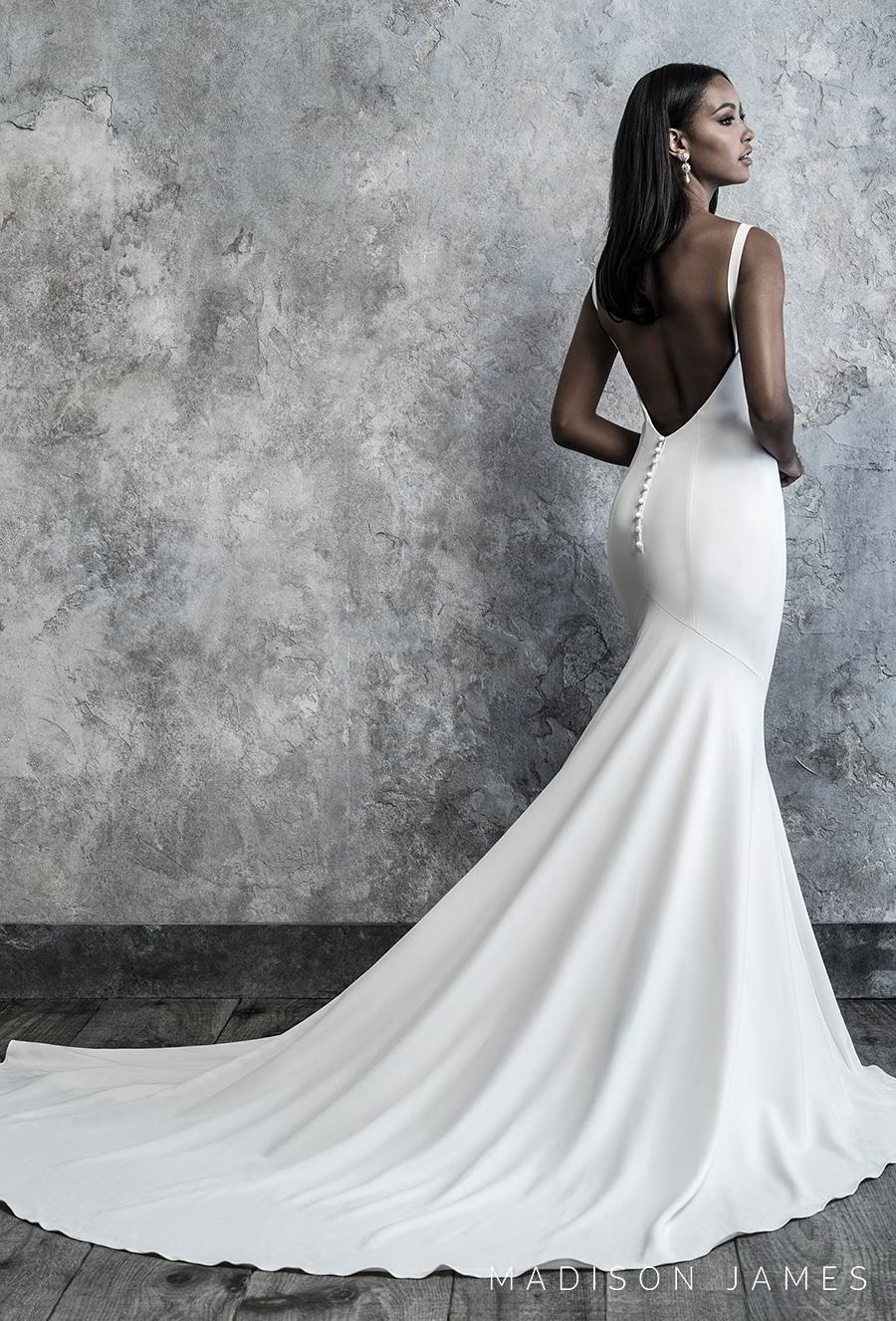 madison james 2019 bridal sleeveless with strap deep v neck simple minimalist elegant classy fit and flare wedding dress backless low v back chapel train (504) bv