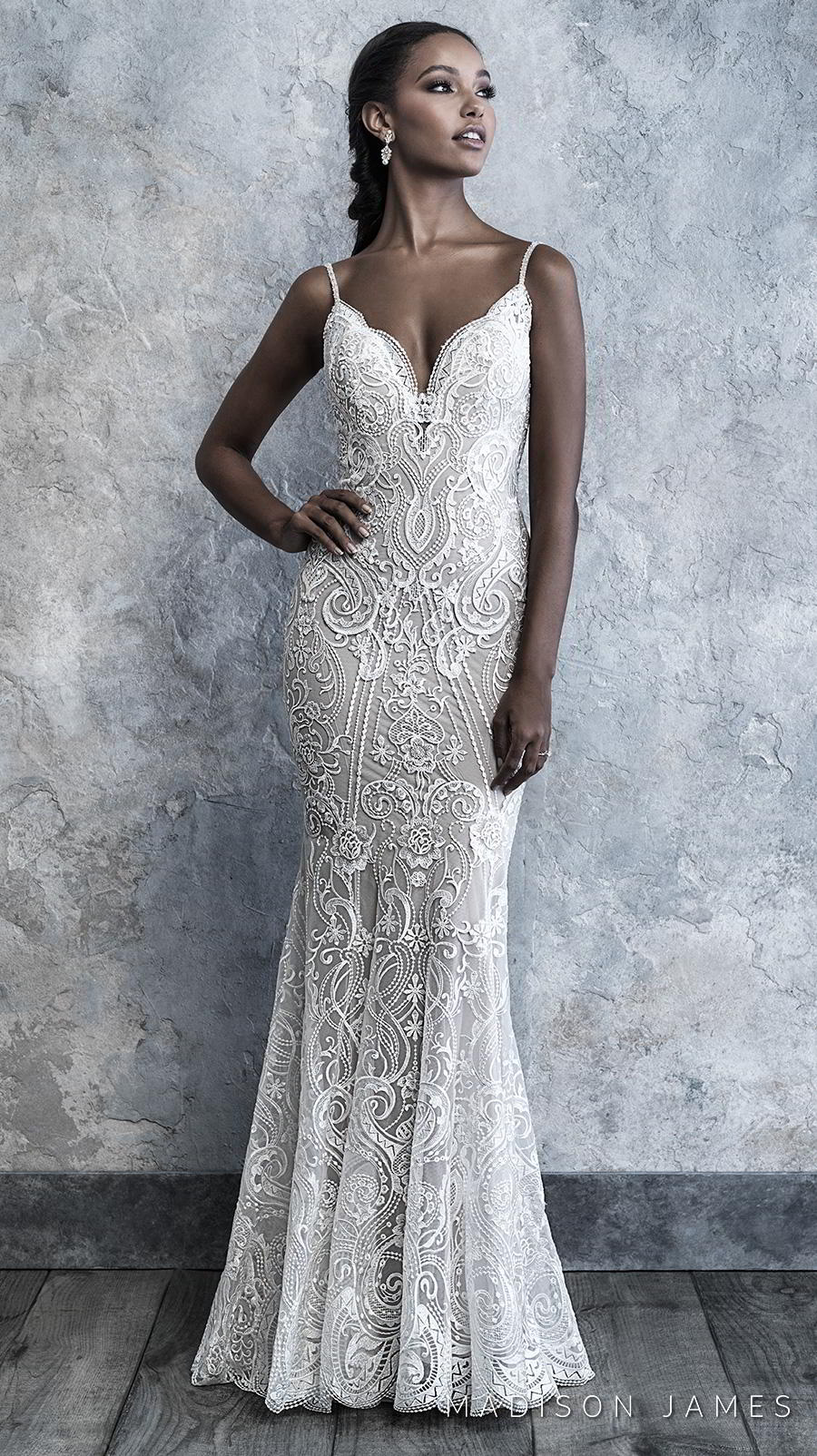 madison james 2019 bridal spaghetti strap diamond neckline full embellishment elegant sheath wedding dress backless scoop back sweep train (510) mv