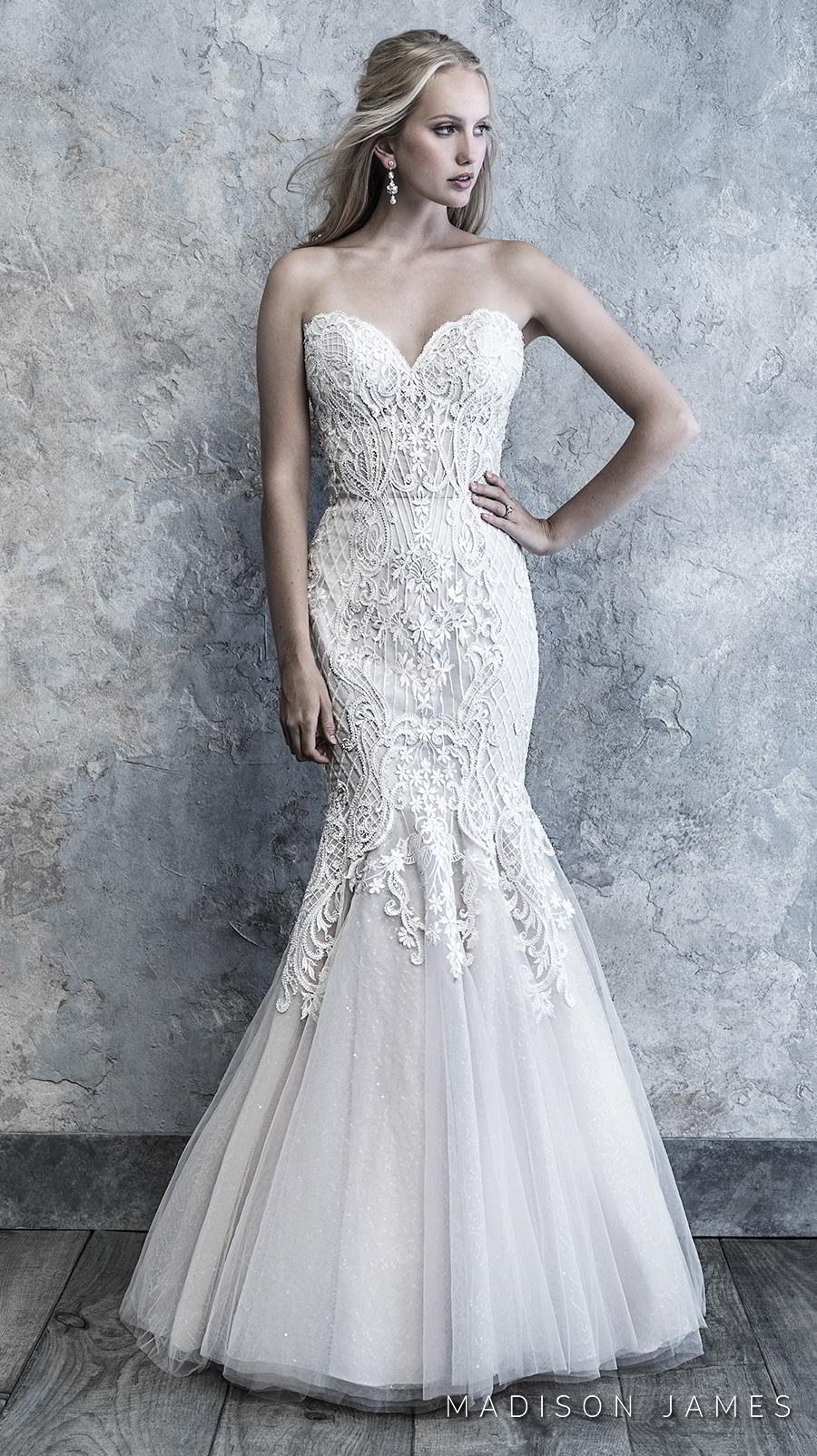 madison james 2019 bridal strapless sweetheart neckline heavily embellished bodice romantic mermaid wedding dress mid back chapel train (505) mv