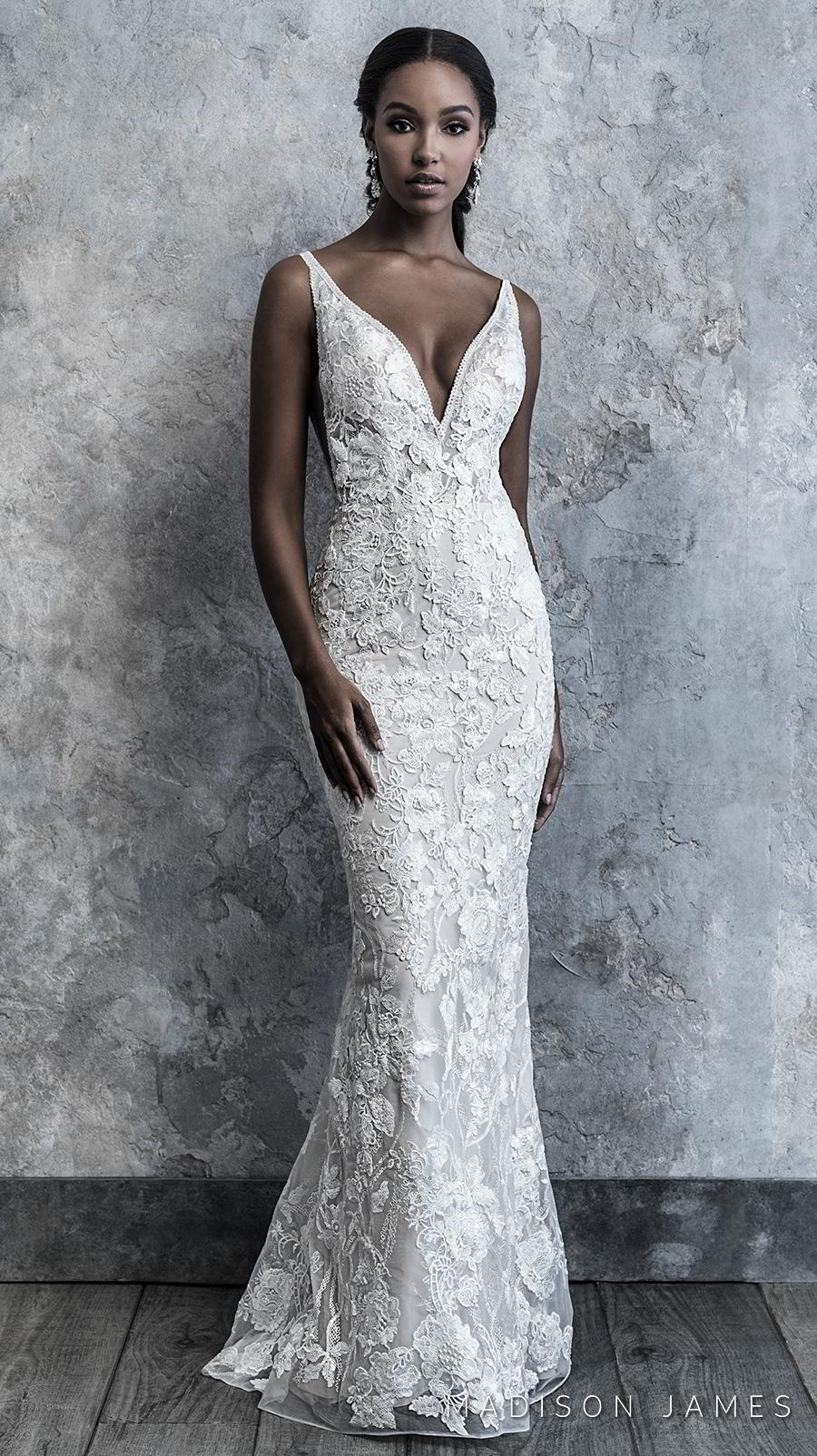 madison james 2019 bridal thin strap deep v neck full embellishment elegant fit and flare wedding dress backless low v back chapel train (514) mv