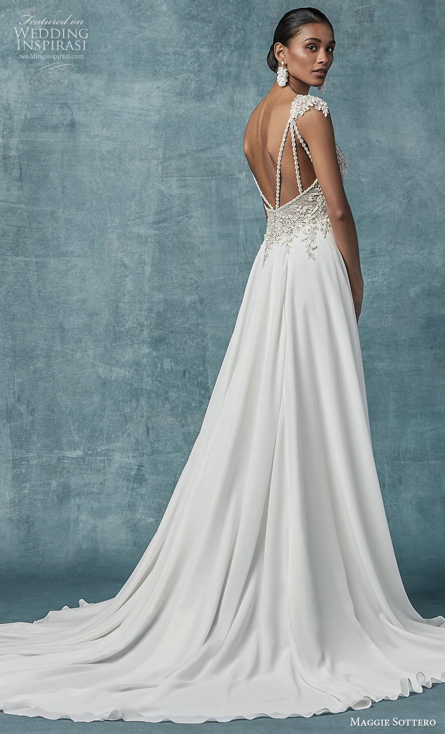 maggie sottero spring 2019 bridal cap sleeves deep v neck heavily embellished bodice glitzy elegant soft a  line wedding dress backless chapel train (4) bv