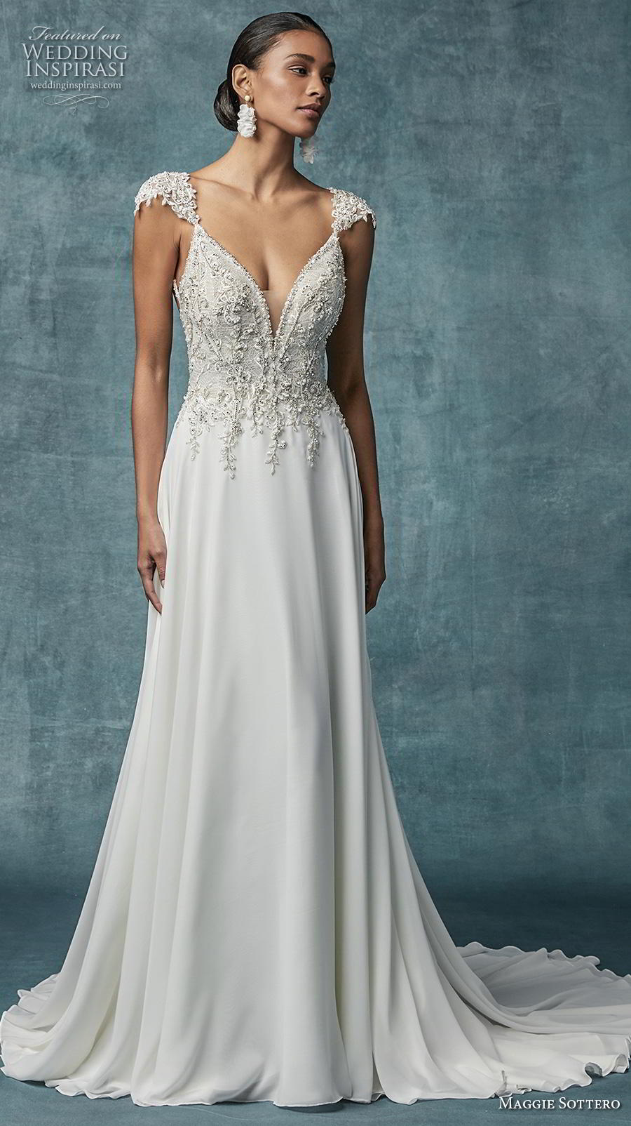 maggie sottero spring 2019 bridal cap sleeves deep v neck heavily embellished bodice glitzy elegant soft a  line wedding dress backless chapel train (4) mv