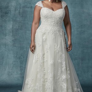 maggie sottero spring 2019 bridal cap sleeves strap sweetheart neckline heavily embellished bodice romantic a  line wedding dress mid back chapel train (3) mv