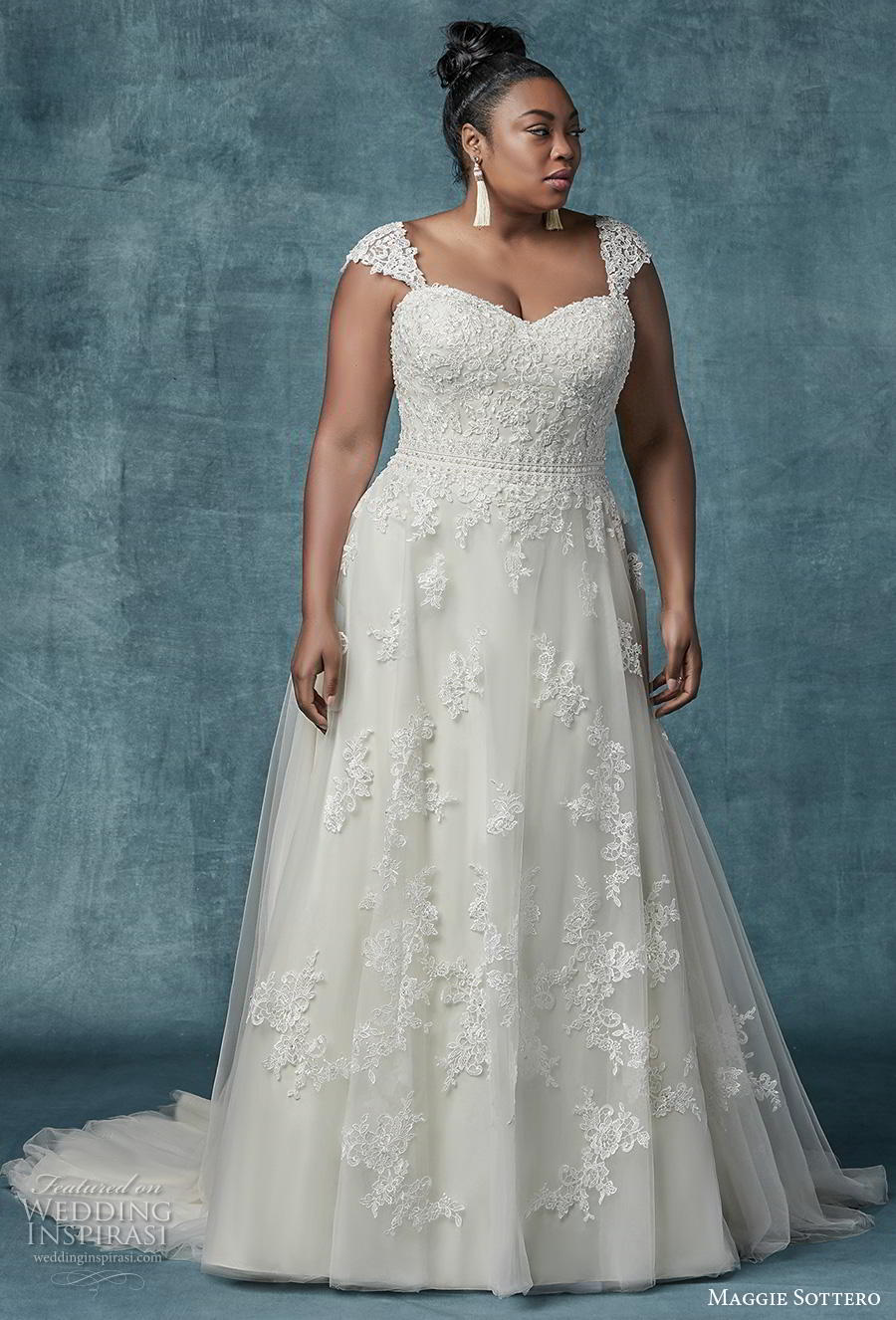 maggie sottero spring 2019 bridal cap sleeves strap sweetheart neckline heavily embellished bodice romantic a  line wedding dress mid back chapel train (3) mv