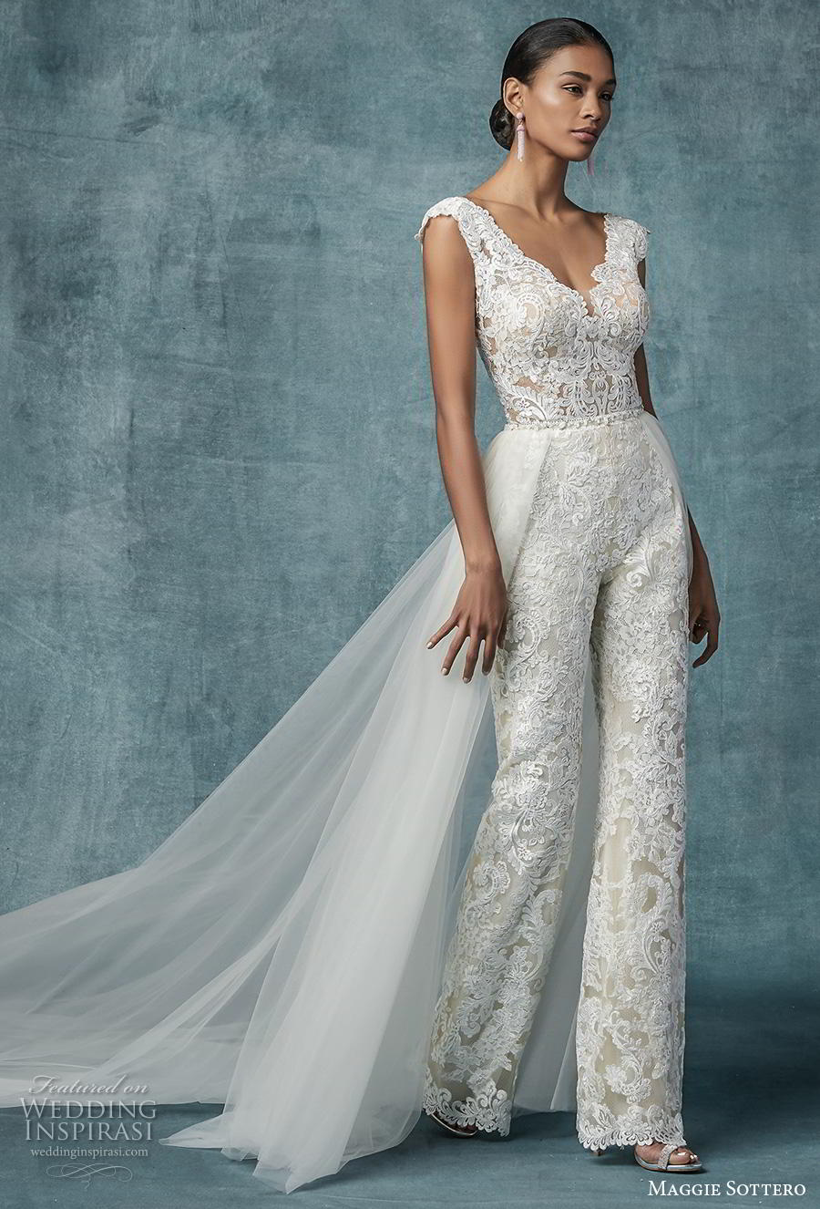 maggie sottero spring 2019 bridal cap sleeves v neck full embellishment modern romantic jumpsuit wedding dress a  line overskirt v back chapel train (21) mv