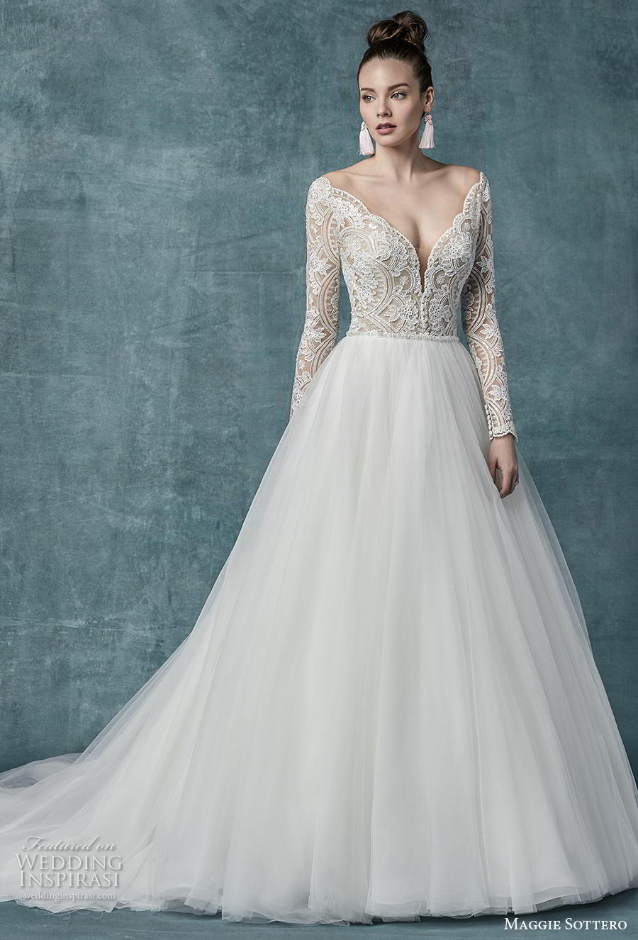 maggie sottero spring 2019 bridal long sleeves deep v neck heavily embellished bodice romantic a  line wedding dress sheer button back chapel train (22) mv