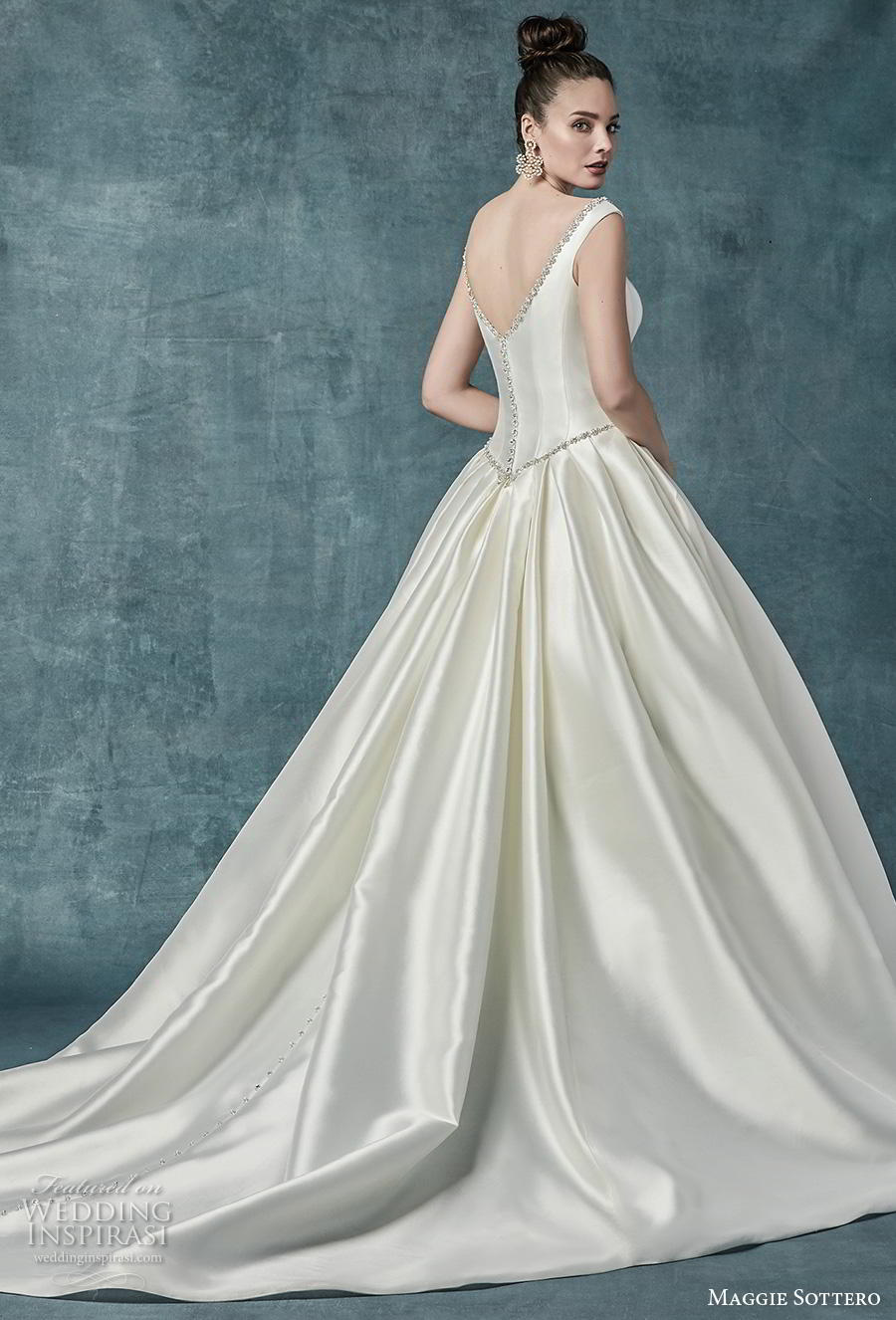 maggie sottero spring 2019 bridal off the shoulder scoop neckline simple elegant satin princess classic ball gown a  line wedding dress pockets mid back chapel train (5) bv