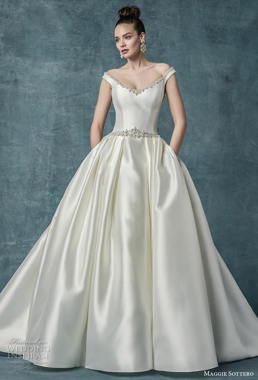 maggie sottero spring 2019 bridal off the shoulder scoop neckline simple elegant satin princess classic ball gown a  line wedding dress pockets mid back chapel train (5) mv