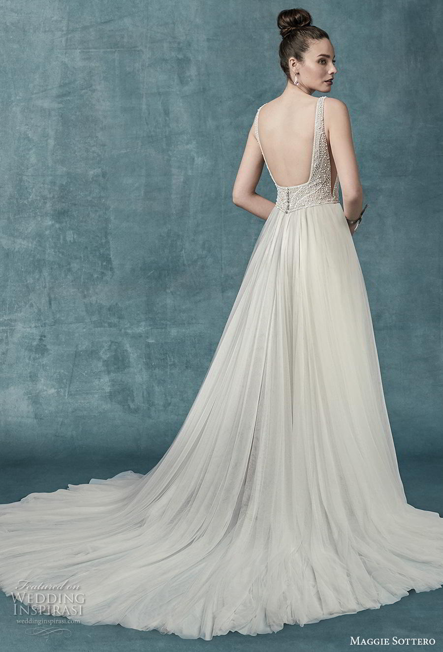 maggie sottero spring 2019 bridal sleeveless deep plunging v neck heavily embellished bodice slit skirt romantic glamorous soft a  line wedding dress square back chapel train (16) bv